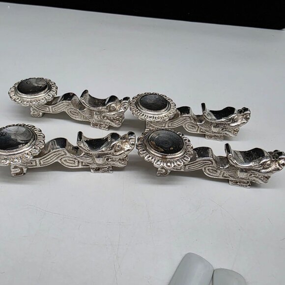 Chinese Porcelain Soup Spoons With Silverplated Dragon Rests Floral Heart Set - Picture 6 of 9